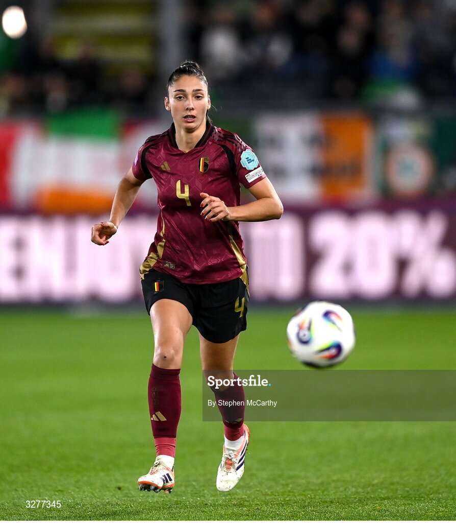 28 October 2025; Amber Tysiak of Belgium during the UEFA Women's Nations League A/B promotion/relegation play-off second leg match between Belgium and Republic of Ireland at The King Power At Den Dreef Stadium in Leuven, Belgium. Photo by Stephen McCarthy/Sportsfile