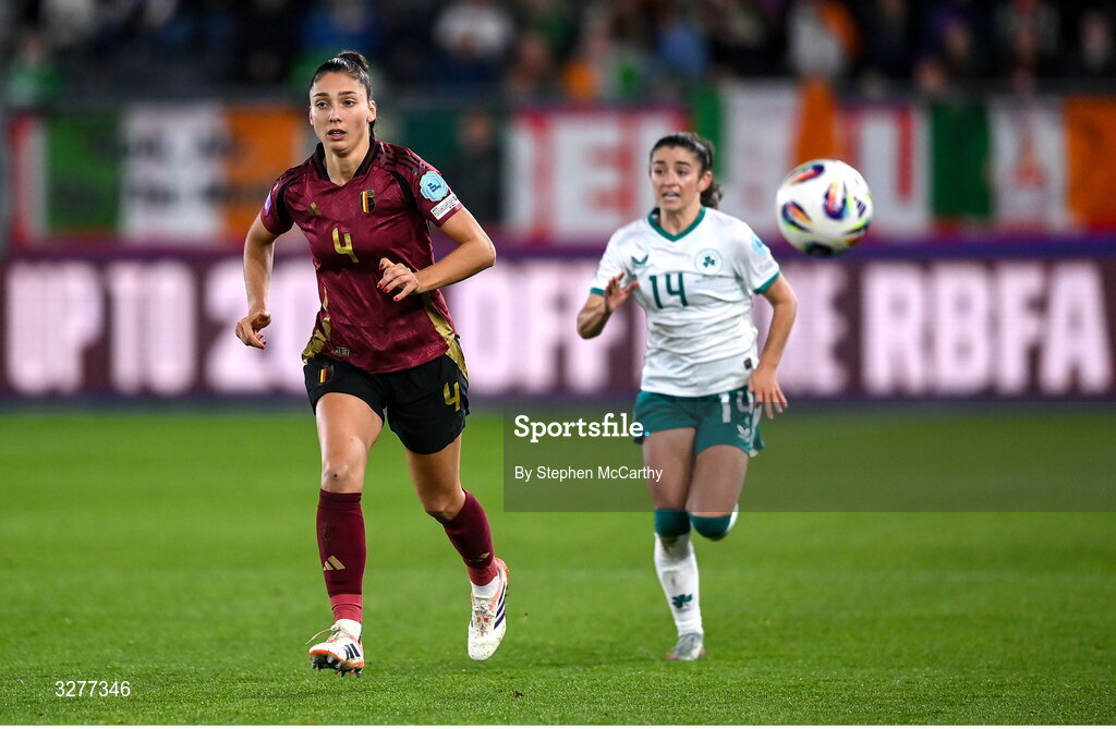 28 October 2025; Amber Tysiak of Belgium during the UEFA Women's Nations League A/B promotion/relegation play-off second leg match between Belgium and Republic of Ireland at The King Power At Den Dreef Stadium in Leuven, Belgium. Photo by Stephen McCarthy/Sportsfile