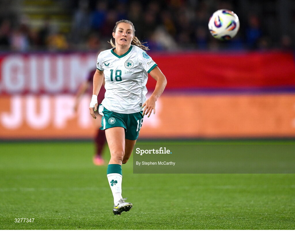 28 October 2025; Kyra Carusa of Republic of Ireland during the UEFA Women's Nations League A/B promotion/relegation play-off second leg match between Belgium and Republic of Ireland at The King Power At Den Dreef Stadium in Leuven, Belgium. Photo by Stephen McCarthy/Sportsfile