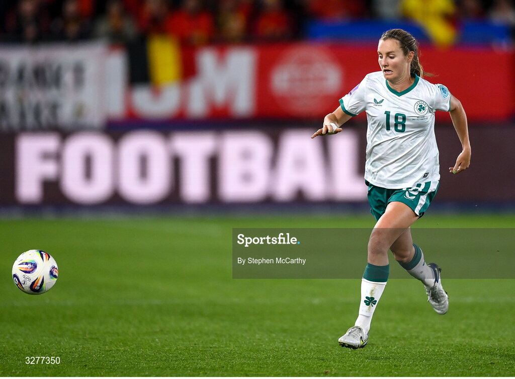 28 October 2025; Kyra Carusa of Republic of Ireland during the UEFA Women's Nations League A/B promotion/relegation play-off second leg match between Belgium and Republic of Ireland at The King Power At Den Dreef Stadium in Leuven, Belgium. Photo by Stephen McCarthy/Sportsfile