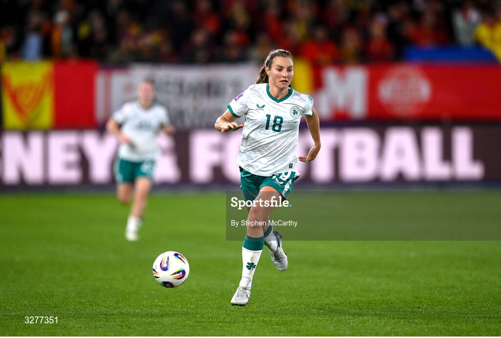 28 October 2025; Kyra Carusa of Republic of Ireland during the UEFA Women's Nations League A/B promotion/relegation play-off second leg match between Belgium and Republic of Ireland at The King Power At Den Dreef Stadium in Leuven, Belgium. Photo by Stephen McCarthy/Sportsfile