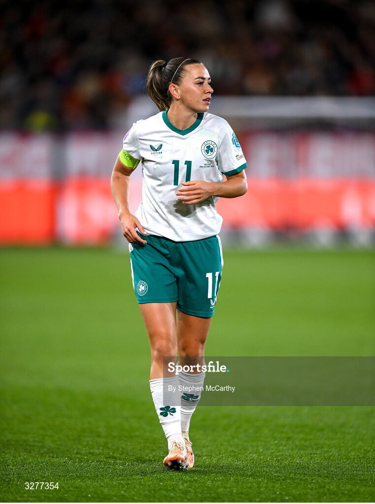 28 October 2025; Katie McCabe of Republic of Ireland during the UEFA Women's Nations League A/B promotion/relegation play-off second leg match between Belgium and Republic of Ireland at The King Power At Den Dreef Stadium in Leuven, Belgium. Photo by Stephen McCarthy/Sportsfile