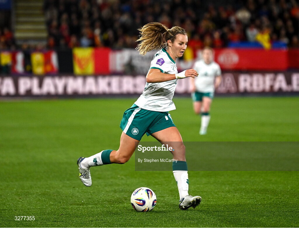 28 October 2025; Kyra Carusa of Republic of Ireland during the UEFA Women's Nations League A/B promotion/relegation play-off second leg match between Belgium and Republic of Ireland at The King Power At Den Dreef Stadium in Leuven, Belgium. Photo by Stephen McCarthy/Sportsfile
