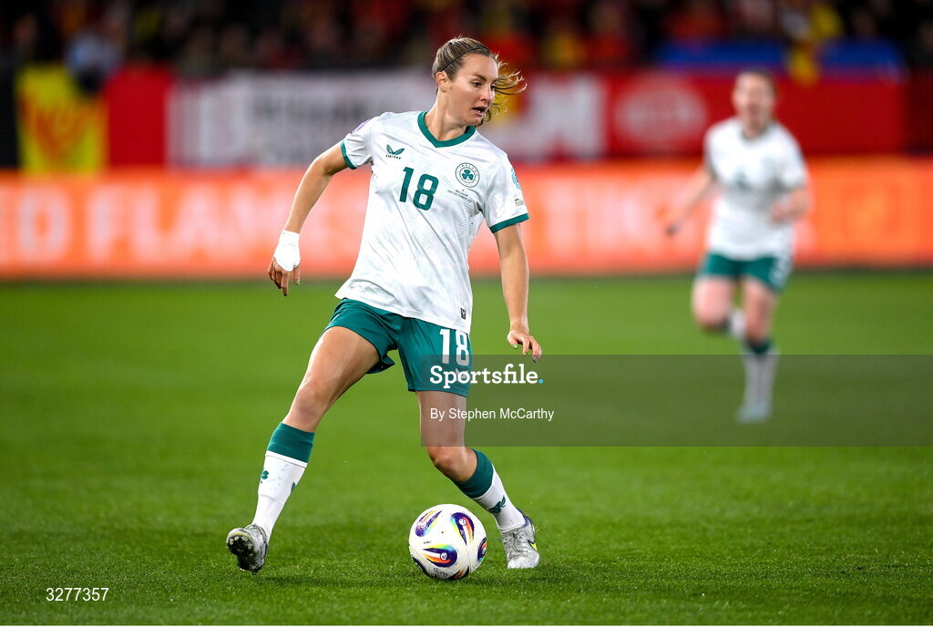 28 October 2025; Kyra Carusa of Republic of Ireland during the UEFA Women's Nations League A/B promotion/relegation play-off second leg match between Belgium and Republic of Ireland at The King Power At Den Dreef Stadium in Leuven, Belgium. Photo by Stephen McCarthy/Sportsfile