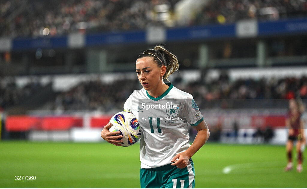 28 October 2025; Katie McCabe of Republic of Ireland during the UEFA Women's Nations League A/B promotion/relegation play-off second leg match between Belgium and Republic of Ireland at The King Power At Den Dreef Stadium in Leuven, Belgium. Photo by Stephen McCarthy/Sportsfile