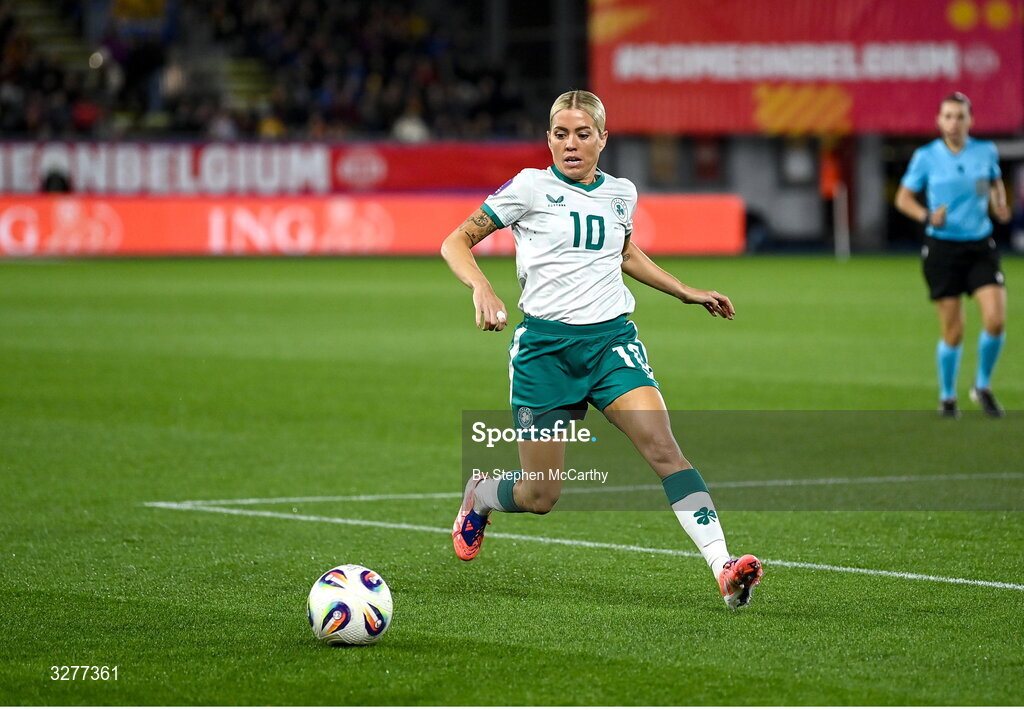 28 October 2025; Denise O’Sullivan of Republic of Ireland during the UEFA Women's Nations League A/B promotion/relegation play-off second leg match between Belgium and Republic of Ireland at The King Power At Den Dreef Stadium in Leuven, Belgium. Photo by Stephen McCarthy/Sportsfile