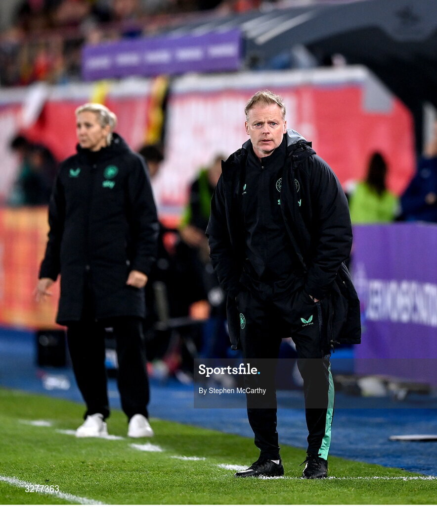 28 October 2025; Republic of Ireland assistant head coach Alan Mahon and head coach Carla Ward during the UEFA Women's Nations League A/B promotion/relegation play-off second leg match between Belgium and Republic of Ireland at The King Power At Den Dreef Stadium in Leuven, Belgium. Photo by Stephen McCarthy/Sportsfile