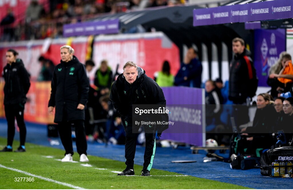 28 October 2025; Republic of Ireland assistant head coach Alan Mahon and head coach Carla Ward during the UEFA Women's Nations League A/B promotion/relegation play-off second leg match between Belgium and Republic of Ireland at The King Power At Den Dreef Stadium in Leuven, Belgium. Photo by Stephen McCarthy/Sportsfile