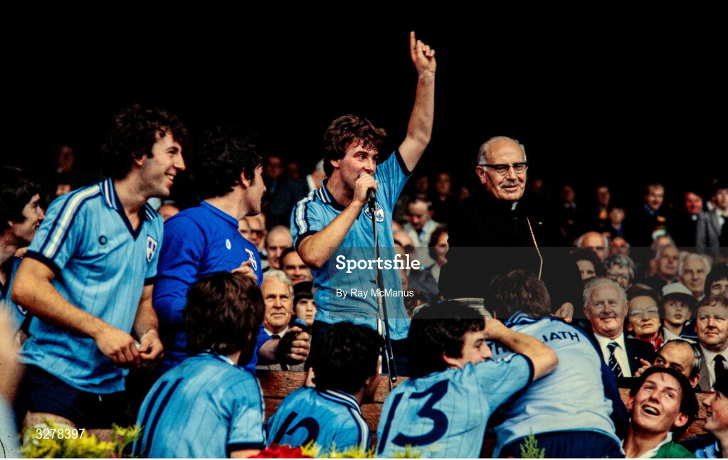 19 September 1982; Dublin captain Liam O'Rourke makes a speech after their side's victory in the All-Ireland Minor Football Final match between Dublin and Kerry at Croke Park, Dublin. Photo by Ray McManus/Sportsfile