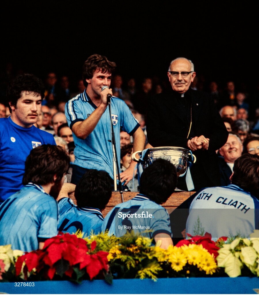 19 September 1982; Dublin captain Liam O'Rourke makes a speech, in the company of Archbishop of Cashel & Emly Dr Thomas Morris, after their side's victory in the All-Ireland Minor Football Final match between Dublin and Kerry at Croke Park, Dublin. Photo by Ray McManus/Sportsfile
