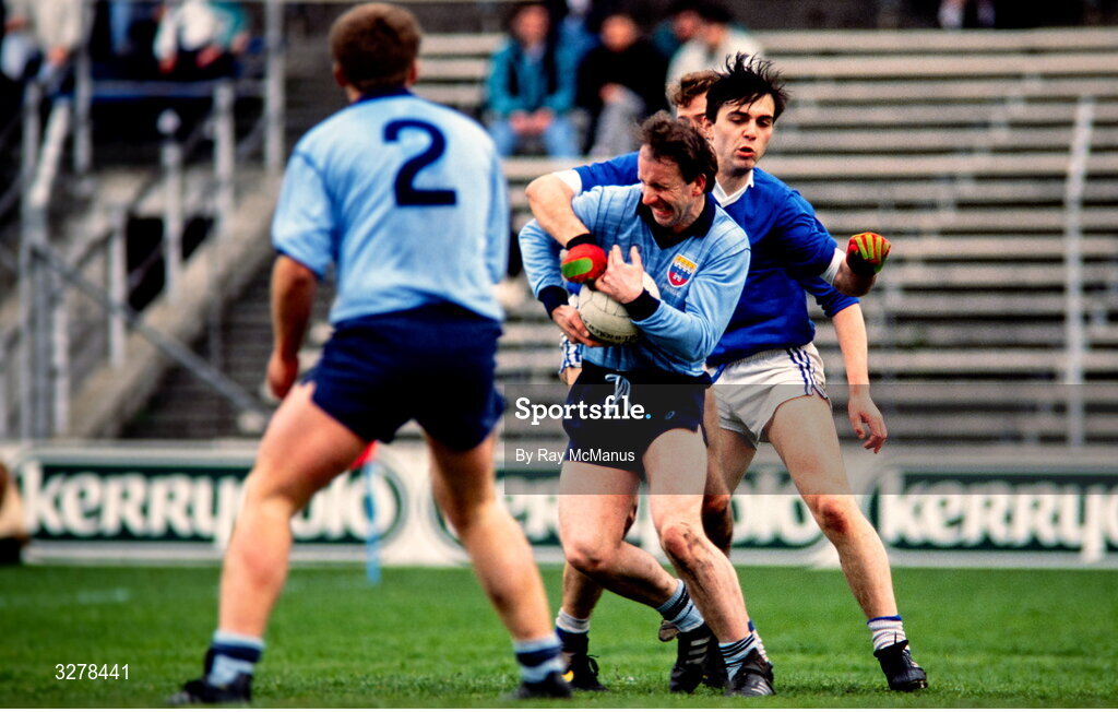 9 April 1989; Mick Kennedy of Dublin in action against Vivien Dowd of Cavan during the National Football League Semi-Final match between Dublin and Cavan at Croke Park, Dublin. Photo by Ray McManus/Sportsfile