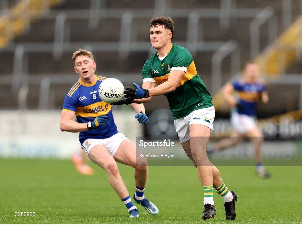 8 November 2025; Cathal Deely of Clonmel Commercials in action against Mark Stokes of Kilsheelan-Kilcash during the Tipperary County Senior Club Football Championship final match between Clonmel Commercials and Kilsheelan-Kilcash at FBD Semple Stadium in Thurles, Tipperary. Photo by Michael P Ryan/Sportsfile