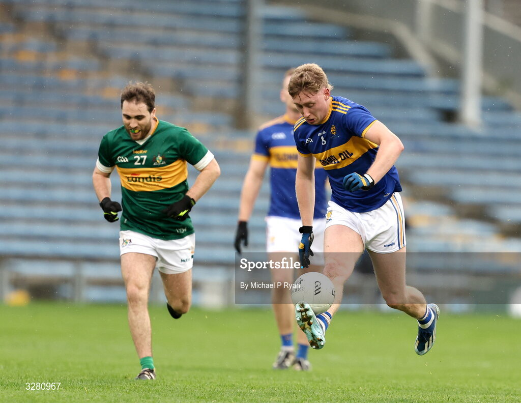 8 November 2025; Mark Stokes of Kilsheelan-Kilcash in action against Ross Peters of Clonmel Commercials during the Tipperary County Senior Club Football Championship final match between Clonmel Commercials and Kilsheelan-Kilcash at FBD Semple Stadium in Thurles, Tipperary. Photo by Michael P Ryan/Sportsfile
