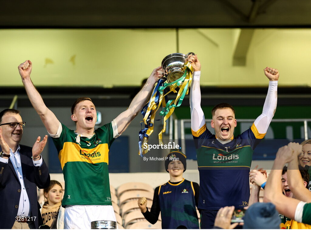 8 November 2025; Clonmel Commercials captain Séamus Kennedy lifts the O'Dwyer cup along side teammate Shane Ryan after the Tipperary County Senior Club Football Championship final match between Clonmel Commercials and Kilsheelan-Kilcash at FBD Semple Stadium in Thurles, Tipperary. Photo by Michael P Ryan/Sportsfile