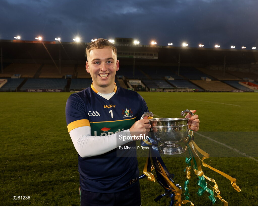 8 November 2025; Clonmel Commercials Shane Ryan pictured with O'Dwyer cup after the Tipperary County Senior Club Football Championship final match between Clonmel Commercials and Kilsheelan-Kilcash at FBD Semple Stadium in Thurles, Tipperary. Photo by Michael P Ryan/Sportsfile