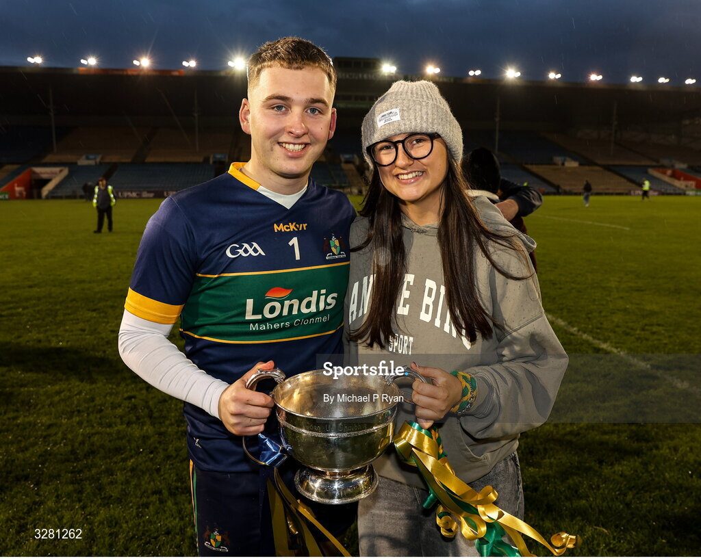 8 November 2025; Clonmel Commercials Shane Ryan pictured with girlfriend Ciara, after the Tipperary County Senior Club Football Championship final match between Clonmel Commercials and Kilsheelan-Kilcash at FBD Semple Stadium in Thurles, Tipperary. Photo by Michael P Ryan/Sportsfile
