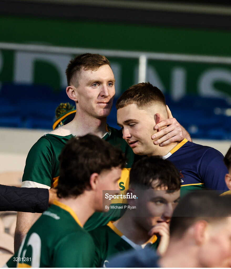 8 November 2025; Clonmel Commercials captain Séamus Kennedy, left, with teammate Shane Ryan after the Tipperary County Senior Club Football Championship final match between Clonmel Commercials and Kilsheelan-Kilcash at FBD Semple Stadium in Thurles, Tipperary. Photo by Michael P Ryan/Sportsfile