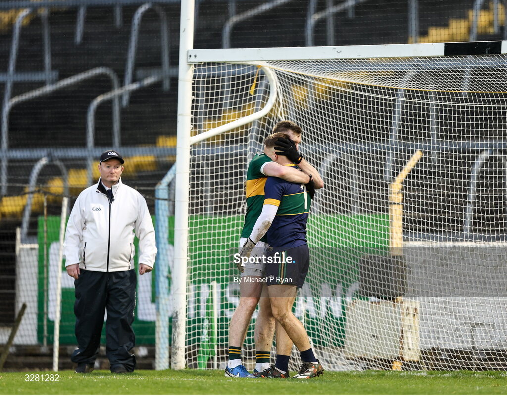 8 November 2025; Clonmel Commercials captain Séamus Kennedy with goalkeeper Shane Ryan at the final whistle during the Tipperary County Senior Club Football Championship final match between Clonmel Commercials and Kilsheelan-Kilcash at FBD Semple Stadium in Thurles, Tipperary. Photo by Michael P Ryan/Sportsfile