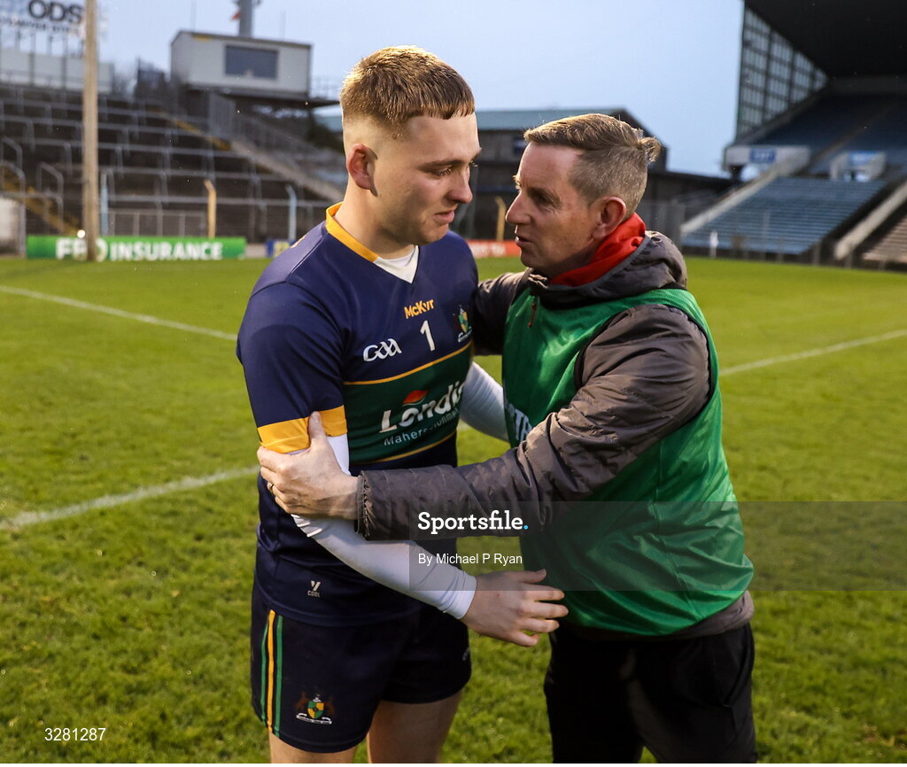 8 November 2025; Clonmel Commercials goalkeeper Shane Ryan with Kilsheelan-Kilcash manager Keith O'Brien after the Tipperary County Senior Club Football Championship final match between Clonmel Commercials and Kilsheelan-Kilcash at FBD Semple Stadium in Thurles, Tipperary. Photo by Michael P Ryan/Sportsfile