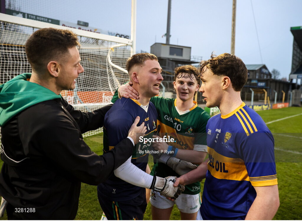 8 November 2025; Clonmel Commercials goalkeeper Shane Ryan shakes hands with Emmet Butler of Kilsheelan-Kilcash after the Tipperary County Senior Club Football Championship final match between Clonmel Commercials and Kilsheelan-Kilcash at FBD Semple Stadium in Thurles, Tipperary. Photo by Michael P Ryan/Sportsfile