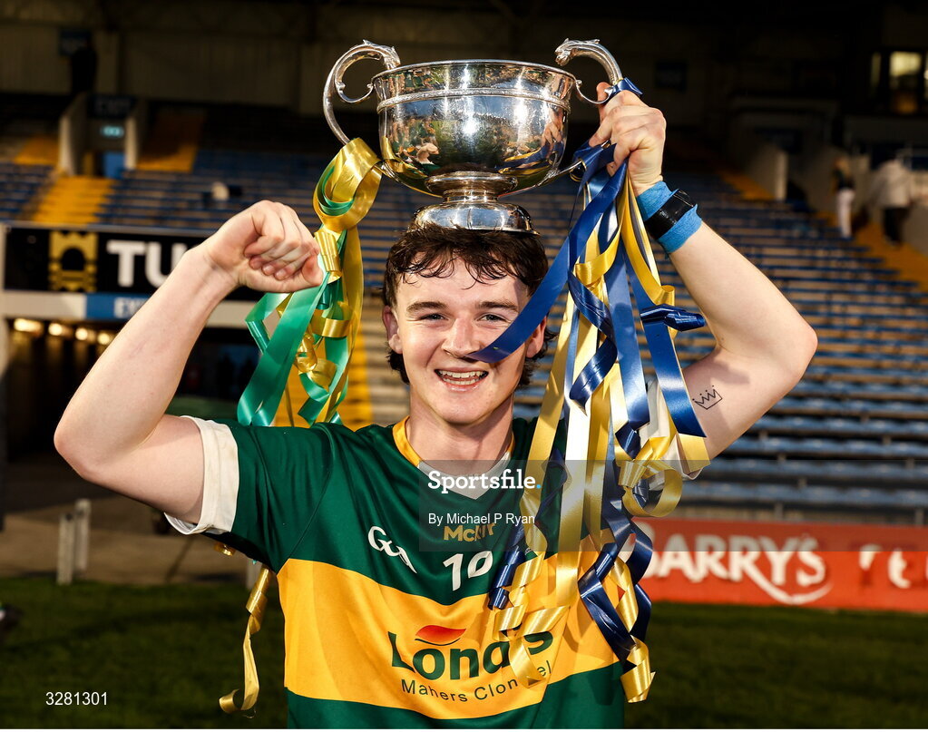 8 November 2025; Rory O'Dowd of Clonmel Commercials celebrates with the O'Dwyer cup after the Tipperary County Senior Club Football Championship final match between Clonmel Commercials and Kilsheelan-Kilcash at FBD Semple Stadium in Thurles, Tipperary. Photo by Michael P Ryan/Sportsfile