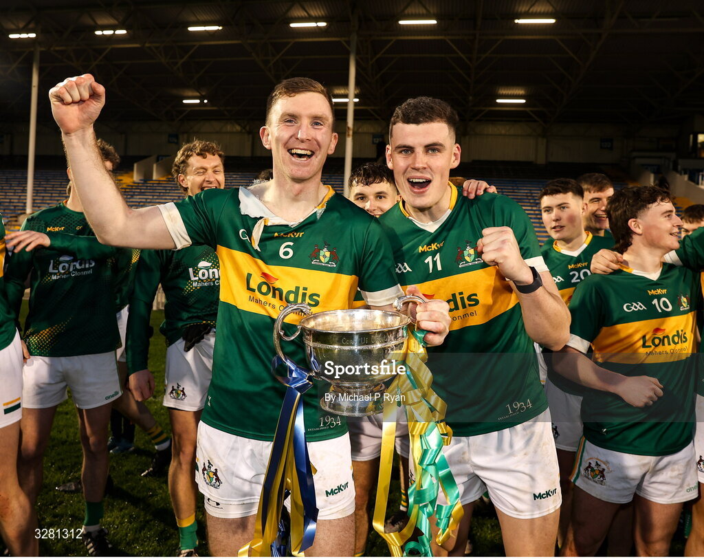 8 November 2025; Clonmel Commercials captain Séamus Kennedy, left, celebrates with teammate Seán O'Connor after the Tipperary County Senior Club Football Championship final match between Clonmel Commercials and Kilsheelan-Kilcash at FBD Semple Stadium in Thurles, Tipperary. Photo by Michael P Ryan/Sportsfile