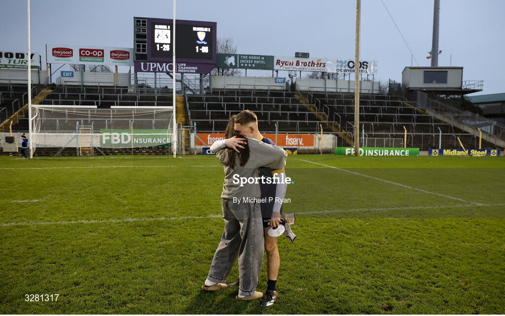 8 November 2025; Clonmel Commercials goalkeeper Shane Ryan with his girlfriend Ciara, after the Tipperary County Senior Club Football Championship final match between Clonmel Commercials and Kilsheelan-Kilcash at FBD Semple Stadium in Thurles, Tipperary. Photo by Michael P Ryan/Sportsfile