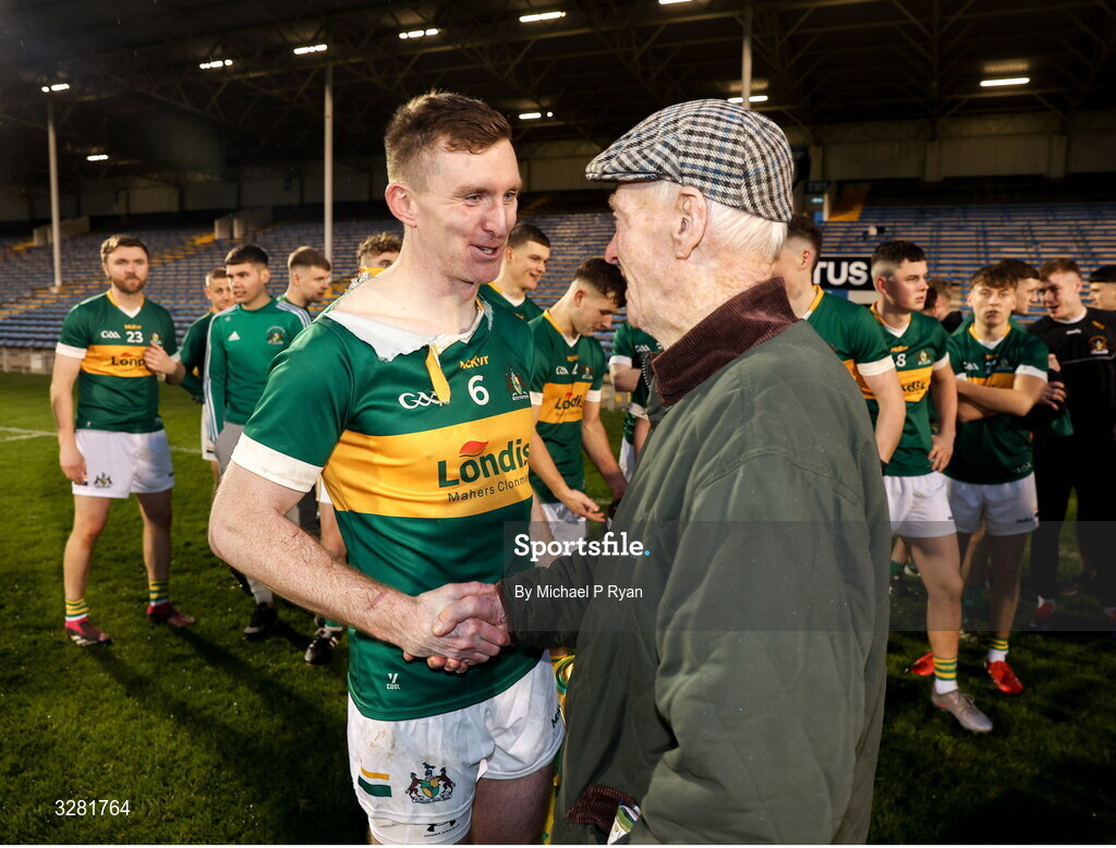 8 November 2025; Clonmel Commercials captain Séamus Kennedy is congratulated by a supporter after the Tipperary County Senior Club Football Championship final match between Clonmel Commercials and Kilsheelan-Kilcash at FBD Semple Stadium in Thurles, Tipperary. Photo by Michael P Ryan/Sportsfile