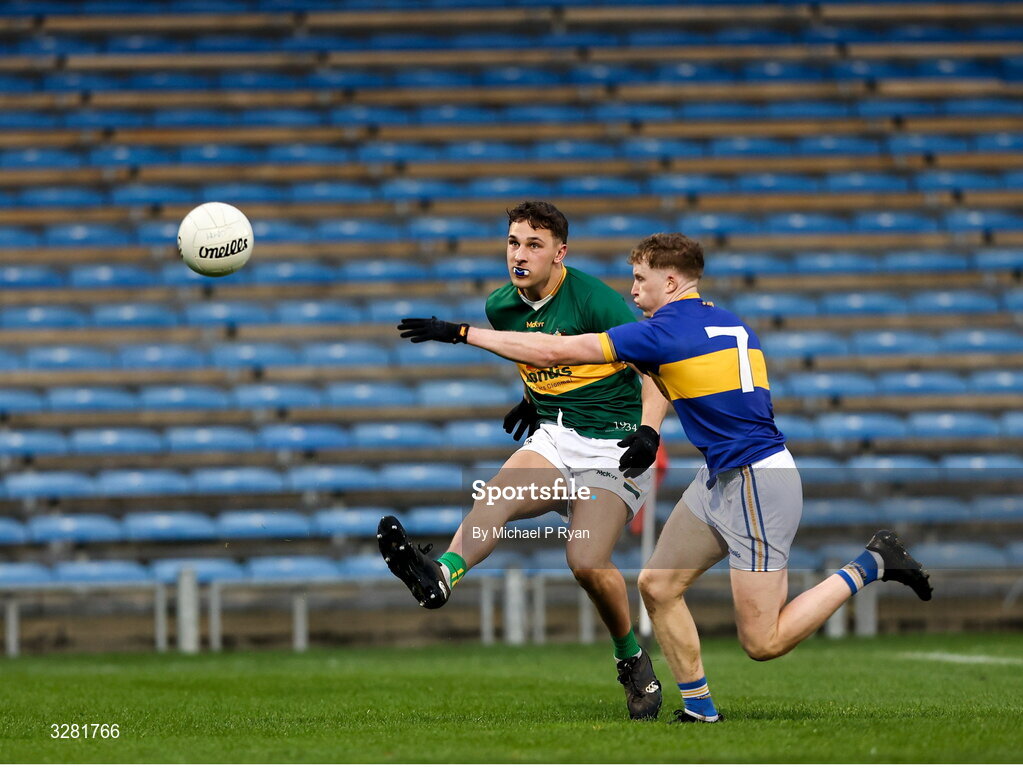 8 November 2025; Thomas Charles of Clonmel Commercials in action against Billy O'Connor of Kilsheelan-Kilcash during the Tipperary County Senior Club Football Championship final match between Clonmel Commercials and Kilsheelan-Kilcash at FBD Semple Stadium in Thurles, Tipperary. Photo by Michael P Ryan/Sportsfile