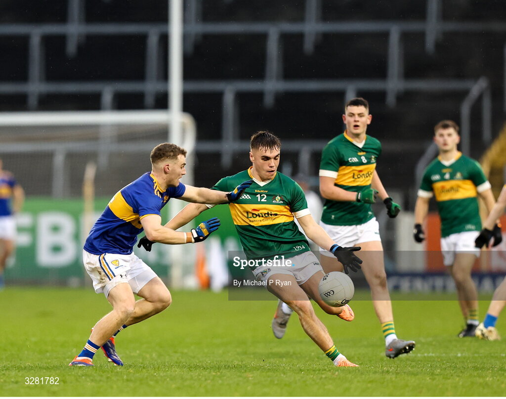 8 November 2025; Peter McGarry of Clonmel Commercials in action against Jason Madigan of Kilsheelan-Kilcash during the Tipperary County Senior Club Football Championship final match between Clonmel Commercials and Kilsheelan-Kilcash at FBD Semple Stadium in Thurles, Tipperary. Photo by Michael P Ryan/Sportsfile