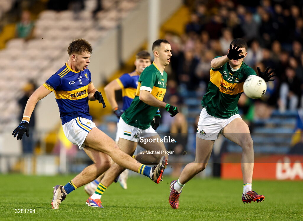 8 November 2025; Micheál Freaney of Kilsheelan-Kilcash has his shot blocked by Joe Higgins of Clonmel Commercials during the Tipperary County Senior Club Football Championship final match between Clonmel Commercials and Kilsheelan-Kilcash at FBD Semple Stadium in Thurles, Tipperary. Photo by Michael P Ryan/Sportsfile