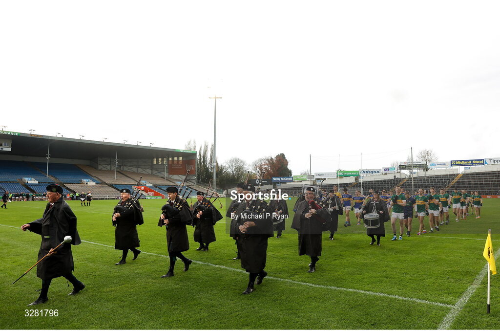 8 November 2025; Teams parade behind the Sean Treacy Pipe Band before the Tipperary County Senior Club Football Championship final match between Clonmel Commercials and Kilsheelan-Kilcash at FBD Semple Stadium in Thurles, Tipperary. Photo by Michael P Ryan/Sportsfile
