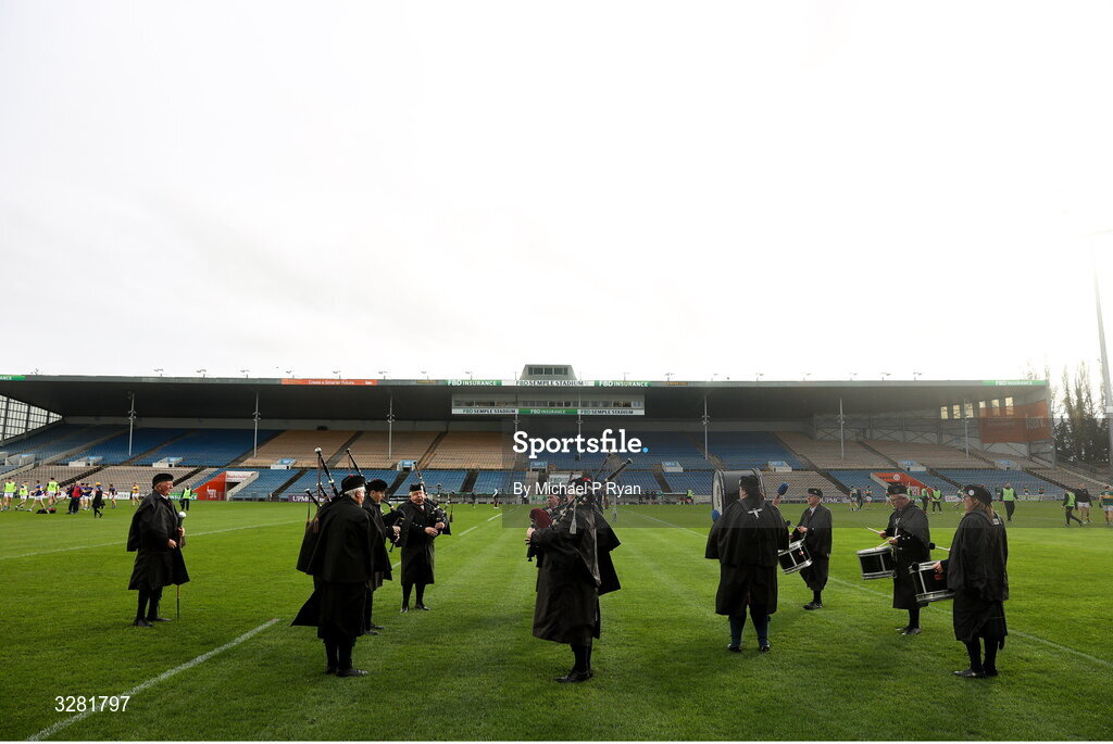 8 November 2025; The Sean Treacy Pipe Band before the Tipperary County Senior Club Football Championship final match between Clonmel Commercials and Kilsheelan-Kilcash at FBD Semple Stadium in Thurles, Tipperary. Photo by Michael P Ryan/Sportsfile