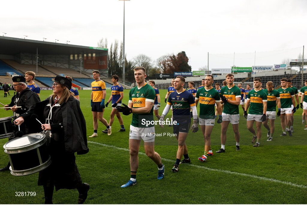 8 November 2025; Teams parade behind the Sean Treacy Pipe Band before the Tipperary County Senior Club Football Championship final match between Clonmel Commercials and Kilsheelan-Kilcash at FBD Semple Stadium in Thurles, Tipperary. Photo by Michael P Ryan/Sportsfile
