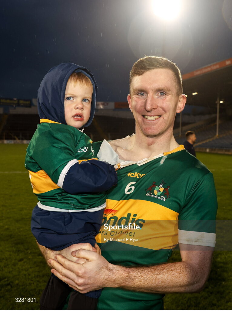 8 November 2025; Clonmel Commercials captain Séamus Kennedy with his nephew Séamaí Collins after the Tipperary County Senior Club Football Championship final match between Clonmel Commercials and Kilsheelan-Kilcash at FBD Semple Stadium in Thurles, Tipperary. Photo by Michael P Ryan/Sportsfile