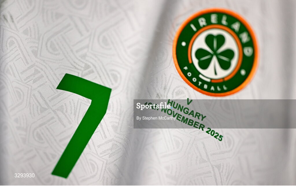16 November 2025; A general view of the jersey of Troy Parrott of Republic of Ireland before the FIFA World Cup 2026 Group F Qualifier match between Hungary and Republic of Ireland at Puskás Aréna in Budapest, Hungary. Photo by Stephen McCarthy/Sportsfile