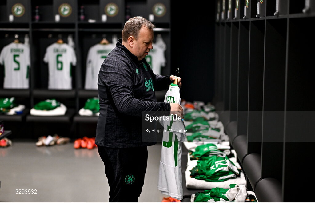 16 November 2025; Republic of Ireland kit and equipment manager Malcolm Slattery hangs jerseys in the Republic of Ireland dressing room before the FIFA World Cup 2026 Group F Qualifier match between Hungary and Republic of Ireland at Puskás Aréna in Budapest, Hungary. Photo by Stephen McCarthy/Sportsfile