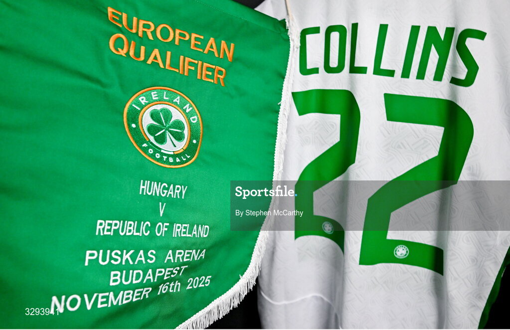 16 November 2025; A general view of the jersey of Nathan Collins of Republic of Ireland before the FIFA World Cup 2026 Group F Qualifier match between Hungary and Republic of Ireland at Puskás Aréna in Budapest, Hungary. Photo by Stephen McCarthy/Sportsfile