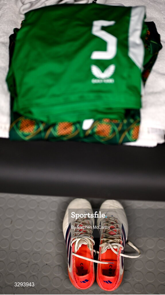 16 November 2025; A general view of the boots of Jake O'Brien of Republic of Ireland before the FIFA World Cup 2026 Group F Qualifier match between Hungary and Republic of Ireland at Puskás Aréna in Budapest, Hungary. Photo by Stephen McCarthy/Sportsfile