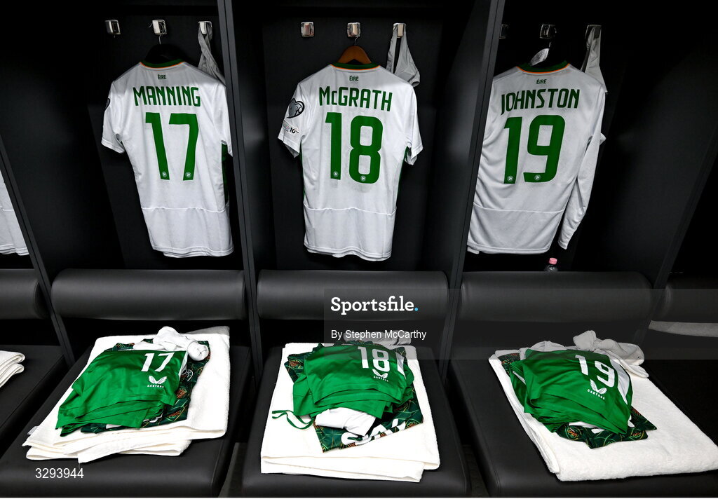 16 November 2025; A general view of the jerseys of Republic of Ireland players Ryan Manning, Jamie McGrath and Mikey Johnston before the FIFA World Cup 2026 Group F Qualifier match between Hungary and Republic of Ireland at Puskás Aréna in Budapest, Hungary. Photo by Stephen McCarthy/Sportsfile