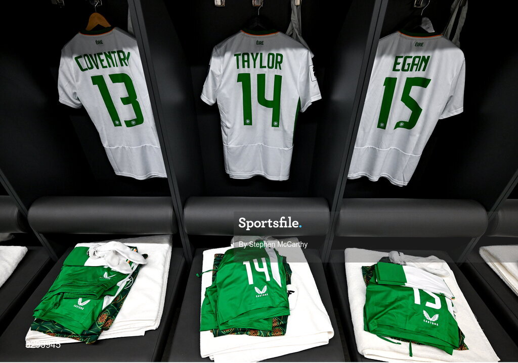 16 November 2025; A general view of the jerseys of Republic of Ireland players Conor Coventry, Jack Taylor and John Egan before the FIFA World Cup 2026 Group F Qualifier match between Hungary and Republic of Ireland at Puskás Aréna in Budapest, Hungary. Photo by Stephen McCarthy/Sportsfile