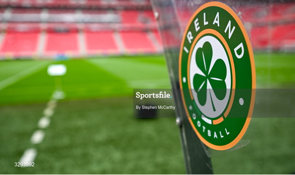 16 November 2025; A Republic of Ireland logo before the FIFA World Cup 2026 Group F Qualifier match between Hungary and Republic of Ireland at Puskás Aréna in Budapest, Hungary. Photo by Stephen McCarthy/Sportsfile