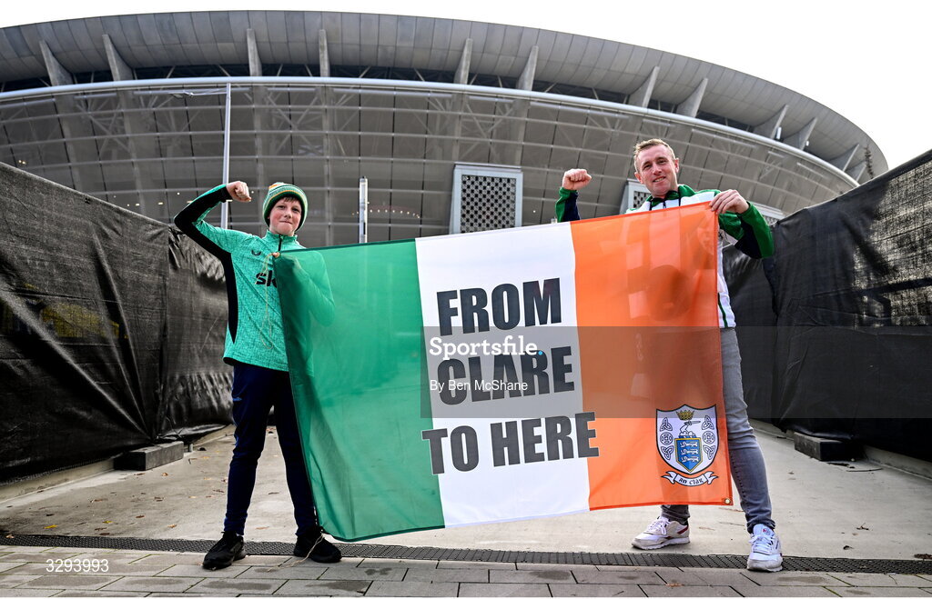16 November 2025; Republic of Ireland supporters Shane, age 12, and Brian Ball, from Clare, before the FIFA World Cup 2026 Group F Qualifier match between Hungary and Republic of Ireland at Puskás Aréna in Budapest, Hungary. Photo by Ben McShane/Sportsfile