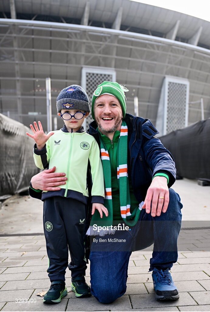 16 November 2025; Republic of Ireland supporters Billy, age 4, and Will Greensmyth, from Silvermines, Tipperary, before the FIFA World Cup 2026 Group F Qualifier match between Hungary and Republic of Ireland at Puskás Aréna in Budapest, Hungary. Photo by Ben McShane/Sportsfile
