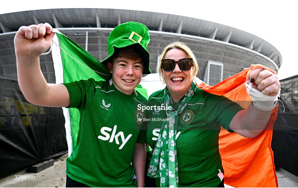 16 November 2025; Republic of Ireland supporters Joe, age 15, and mother Deirdre Ecock, from Artane, Dublin, before the FIFA World Cup 2026 Group F Qualifier match between Hungary and Republic of Ireland at Puskás Aréna in Budapest, Hungary. Photo by Ben McShane/Sportsfile