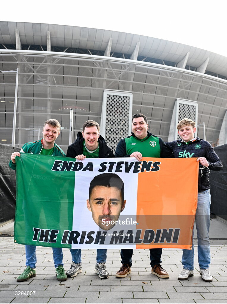 16 November 2025; Republic of Ireland supporters Kyle Meegan, Eoin Kelly, Jim Meegan and Paddy Keane, from Drogheda, Louth, before the FIFA World Cup 2026 Group F Qualifier match between Hungary and Republic of Ireland at Puskás Aréna in Budapest, Hungary. Photo by Ben McShane/Sportsfile
