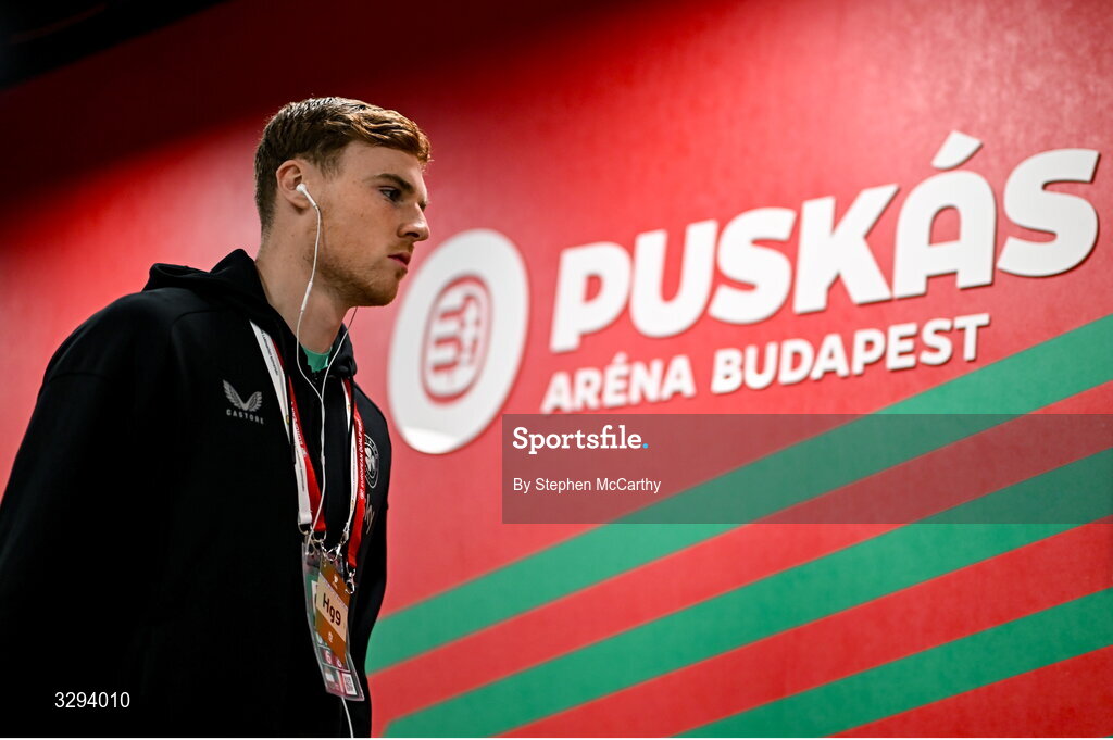 16 November 2025; Jake O'Brien of Republic of Ireland before the FIFA World Cup 2026 Group F Qualifier match between Hungary and Republic of Ireland at Puskás Aréna in Budapest, Hungary. Photo by Stephen McCarthy/Sportsfile