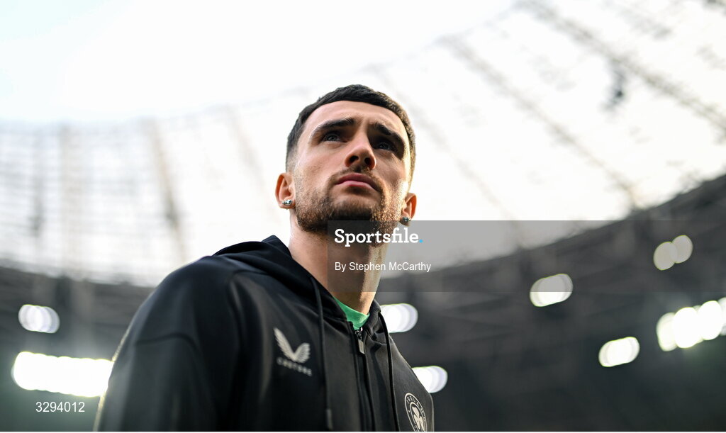16 November 2025; Troy Parrott of Republic of Ireland before the FIFA World Cup 2026 Group F Qualifier match between Hungary and Republic of Ireland at Puskás Aréna in Budapest, Hungary. Photo by Stephen McCarthy/Sportsfile
