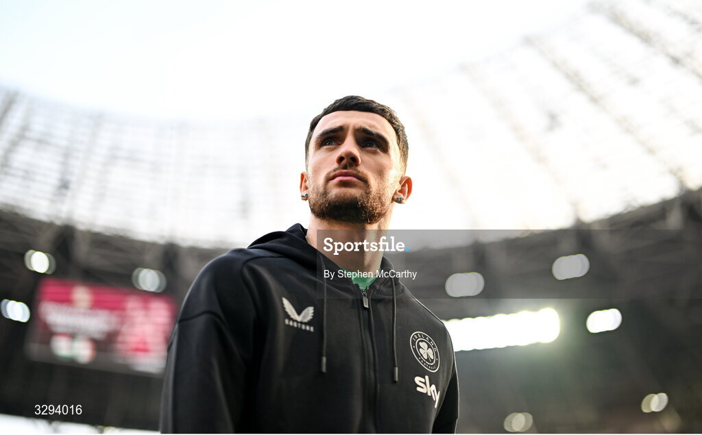 16 November 2025; Troy Parrott of Republic of Ireland before the FIFA World Cup 2026 Group F Qualifier match between Hungary and Republic of Ireland at Puskás Aréna in Budapest, Hungary. Photo by Stephen McCarthy/Sportsfile
