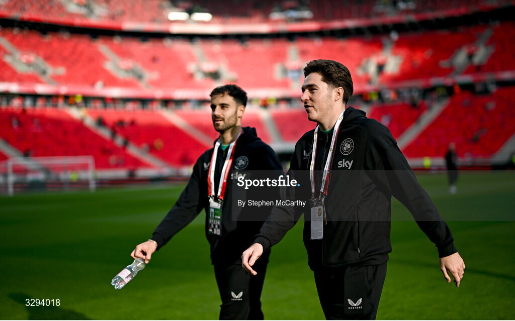 16 November 2025; Conor Coventry, right, and Kevin O'Toole of Republic of Ireland before the FIFA World Cup 2026 Group F Qualifier match between Hungary and Republic of Ireland at Puskás Aréna in Budapest, Hungary. Photo by Stephen McCarthy/Sportsfile